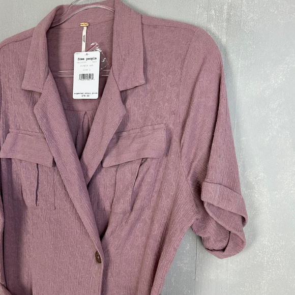 Free People size L mini wrap dress purple short sleeve cotton linen blend NEW - Picture 6 of 14